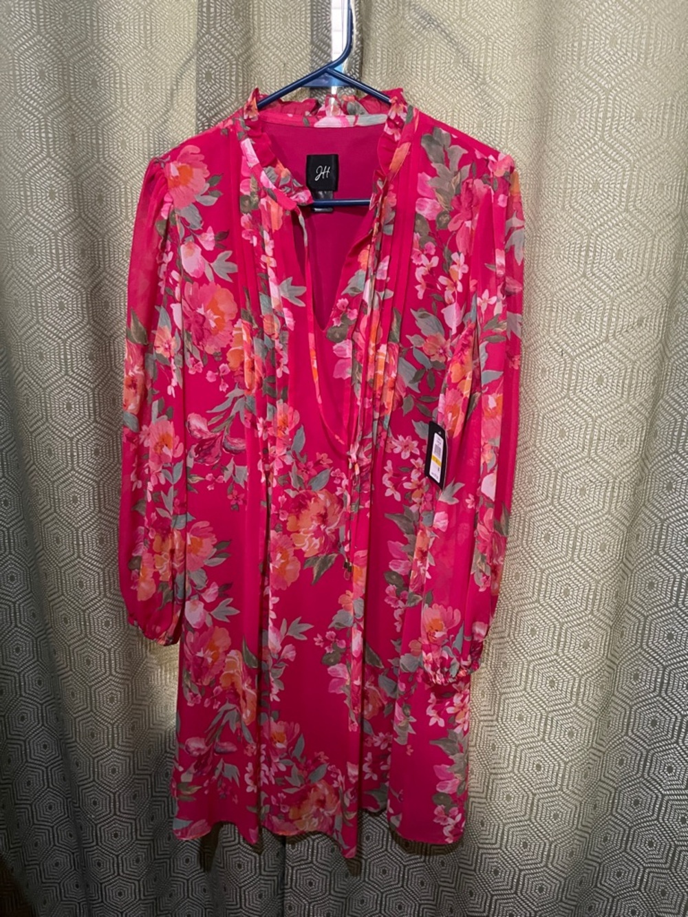 JH Collectibles Hot Pink Floral Long-Sleeve Tie Neck Dress $79 NWT